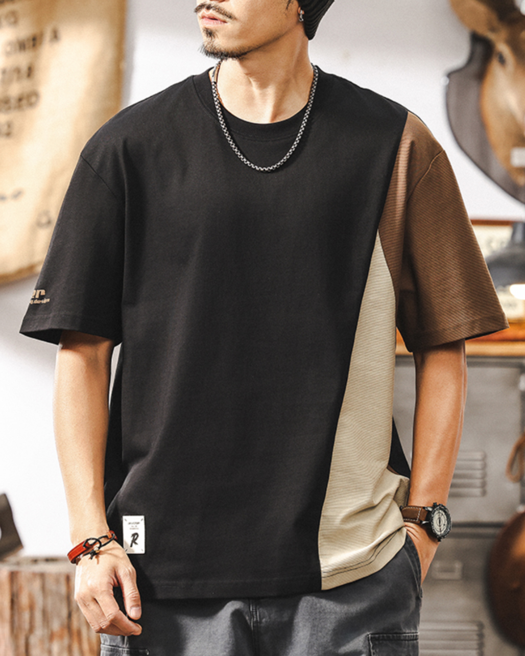 【Aelfric Eden 】フレイム PU パッチワーク T シャツ Aelfric Eden 】フレイム PU パッチワーク T シャツ