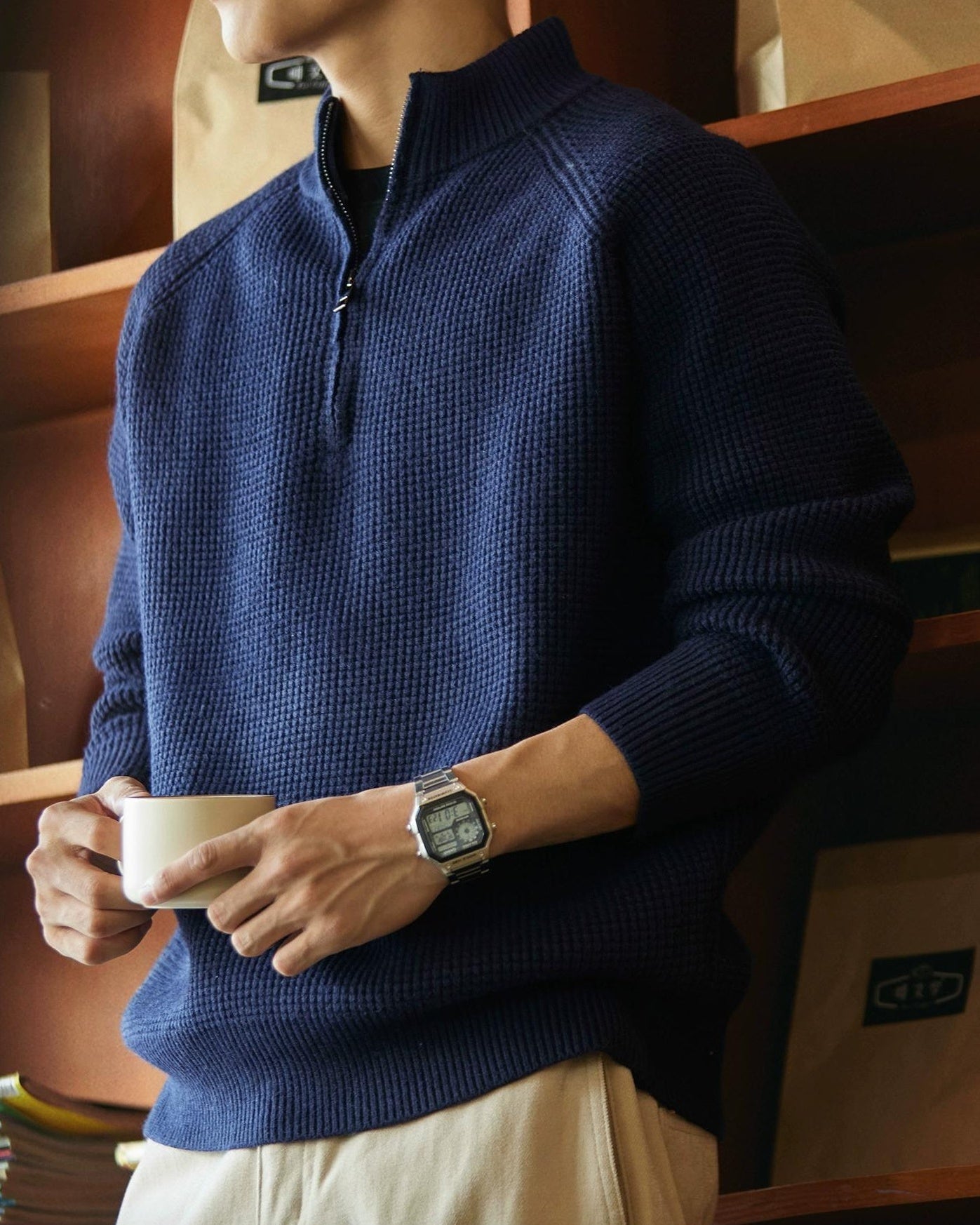 ロックランド ハーフジップスタンドカラーワッフルニット 2297