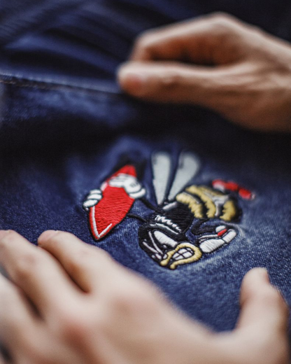 デモイン 刺繍入りマルチポケットハーフデニム 1676