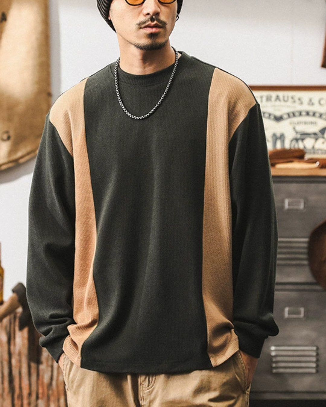 ラウンドアップ コントラストパッチワークロングTシャツ 1360