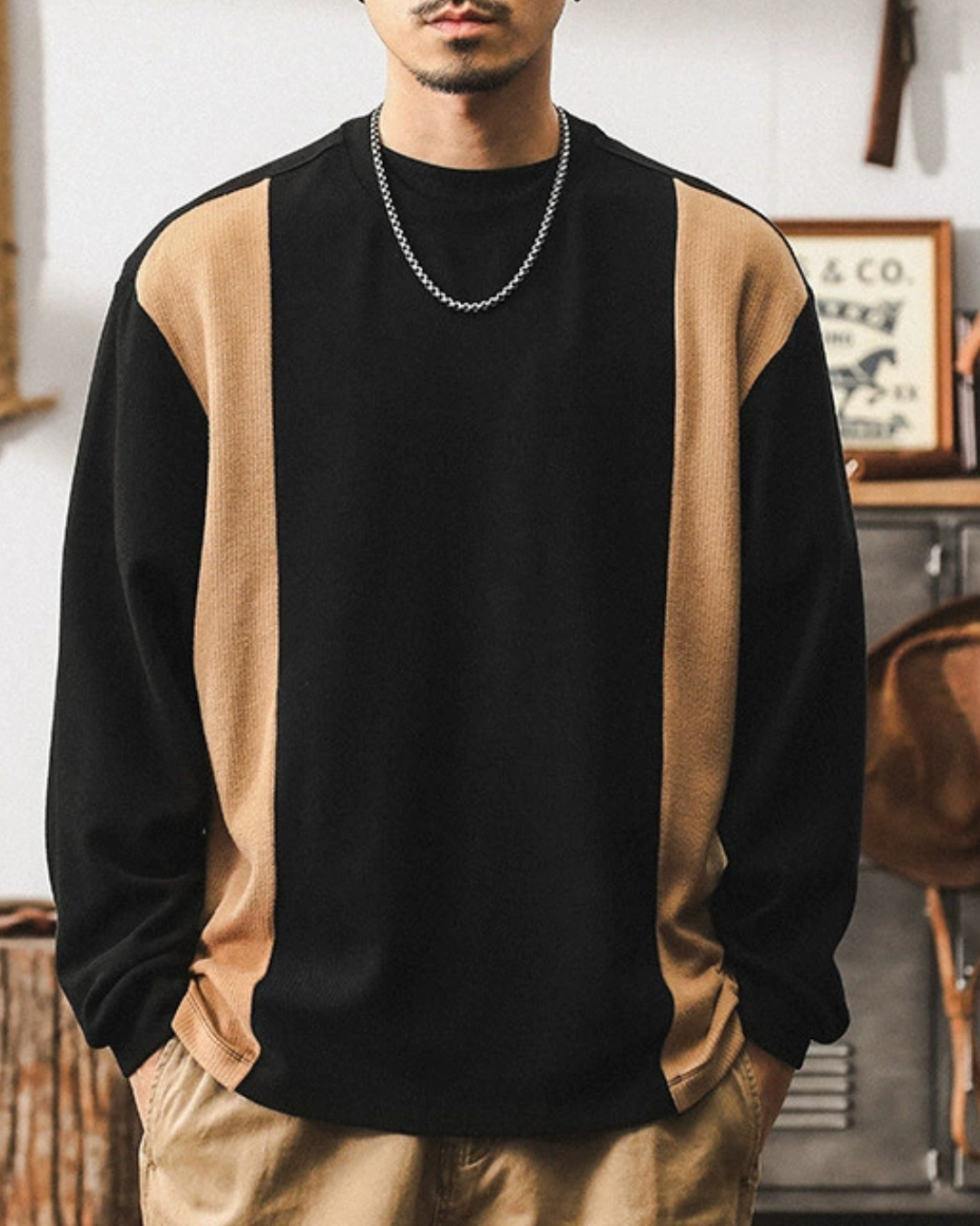 ラウンドアップ コントラストパッチワークロングTシャツ 1360