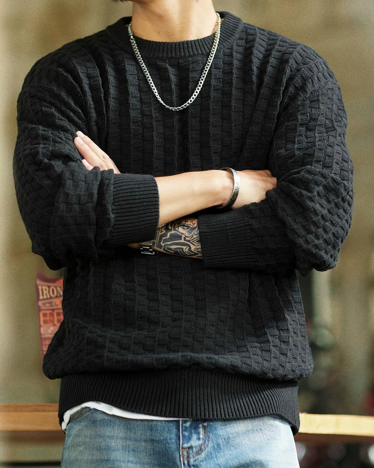 ルイドソ チェック柄ラウンドネックニットセーター 2391