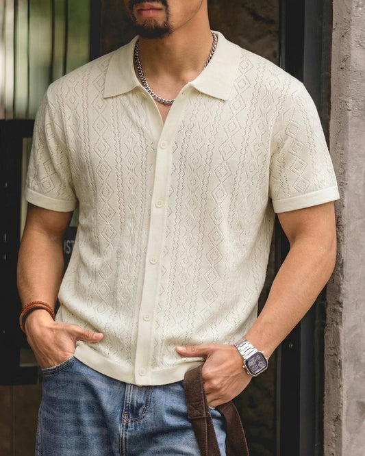 マセナ ジャガード総柄フロントボタンニットポロ 2574