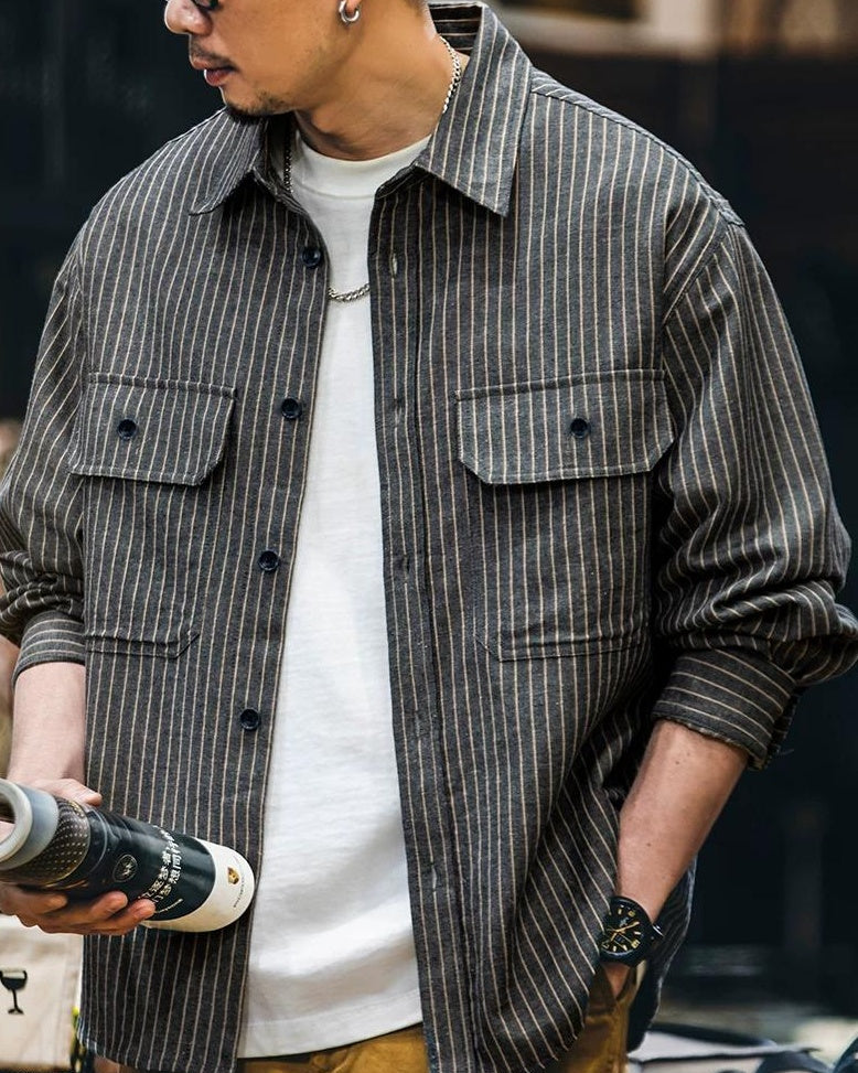 ワッソー ヒッコリーストライプワイドワークシャツ 2405