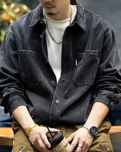 ブラックスバーグ ウォッシュドブラックダメージデニムシャツ 2360